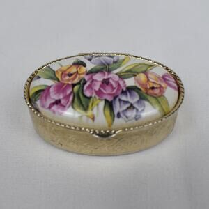 Vintage mini Italian gold tone oval pill box porcelain floral lid Made in Italy